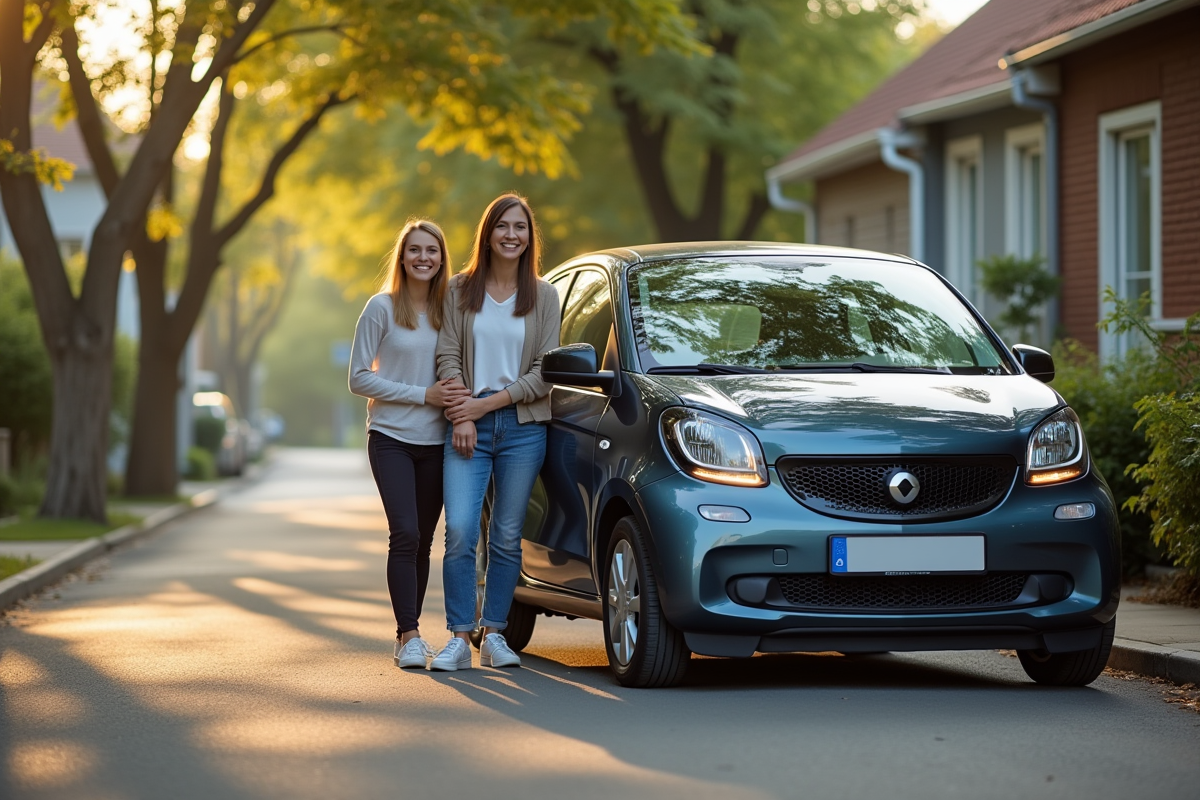 Famille souriante avec voiture sur rue résidentielle ensoleillee