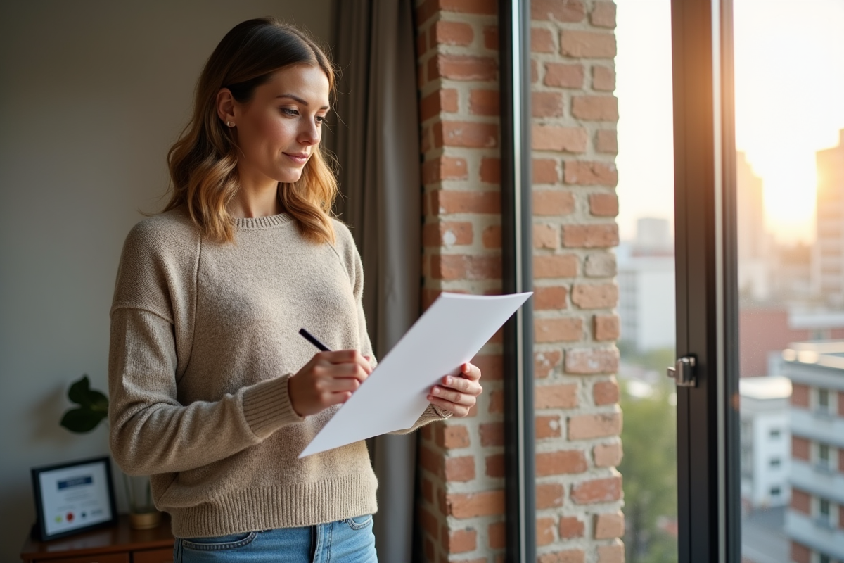 Femme en sweater regardant un brochure immobilier