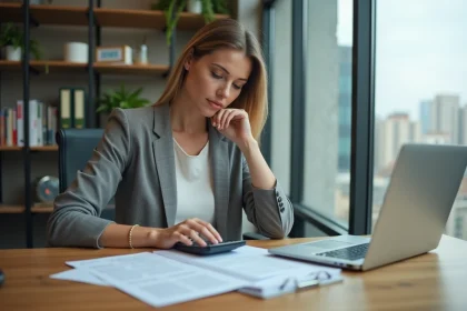 Femme d affaires examinant des documents d assurance au bureau
