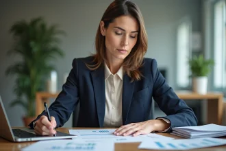 Femme d'affaires en bureau moderne avec documents et ordinateur