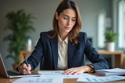 Femme d'affaires en bureau moderne avec documents et ordinateur