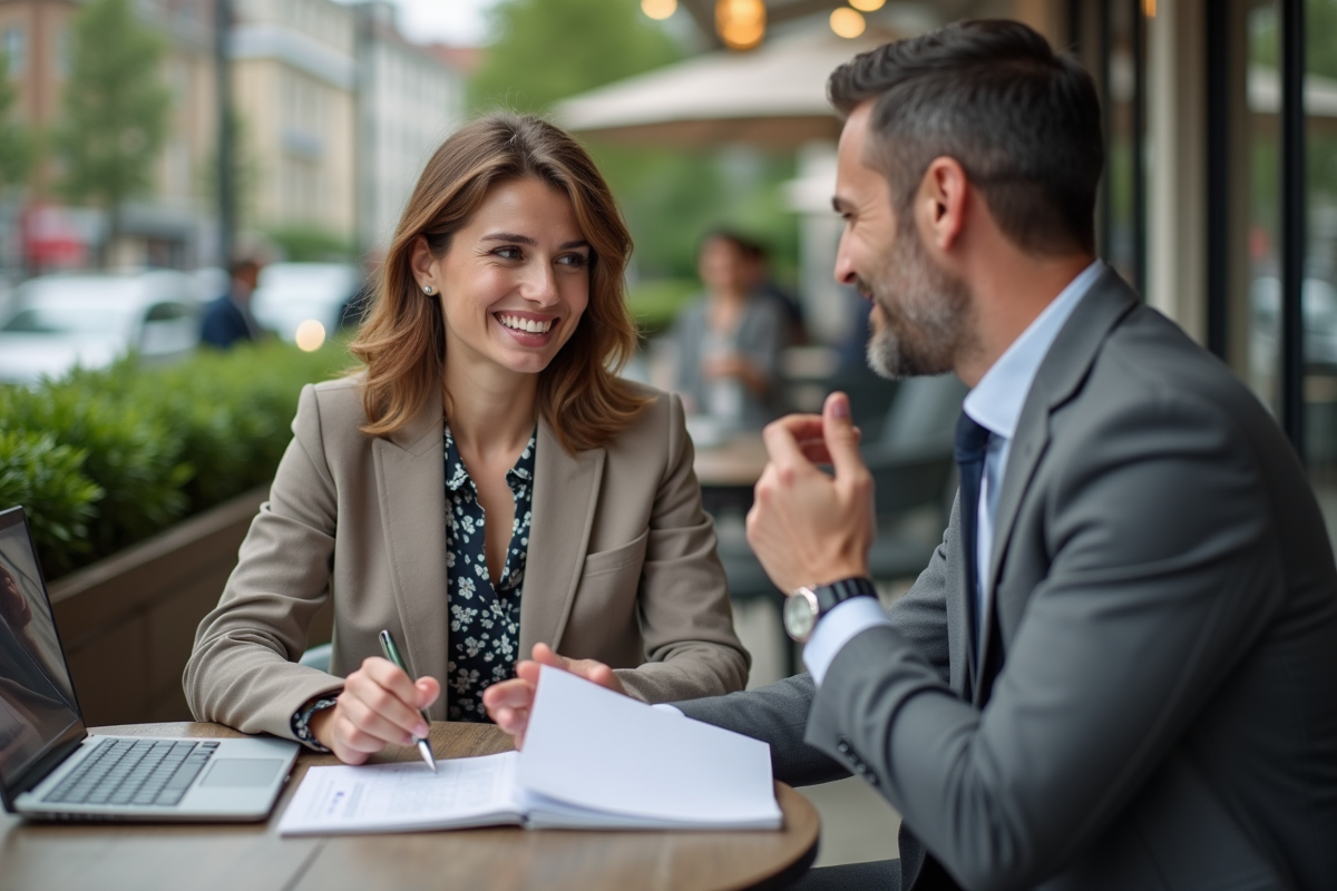 Jeune femme discutant avec un banquier dans un café en plein air
