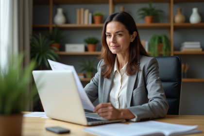 Femme d'&acirc;ge moyen analysant un relev&eacute; bancaire dans son bureau