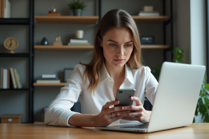 Femme en bureau moderne consulte son ordinateur et t&eacute;l&eacute;phone