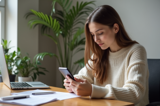 Jeune femme au bureau vérifiant son smartphone avec espoir