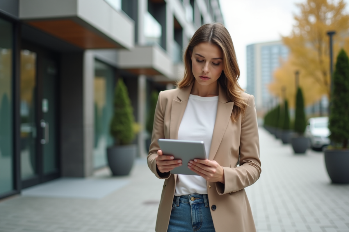 Jeune femme vérifie des calculs devant des immeubles modernes