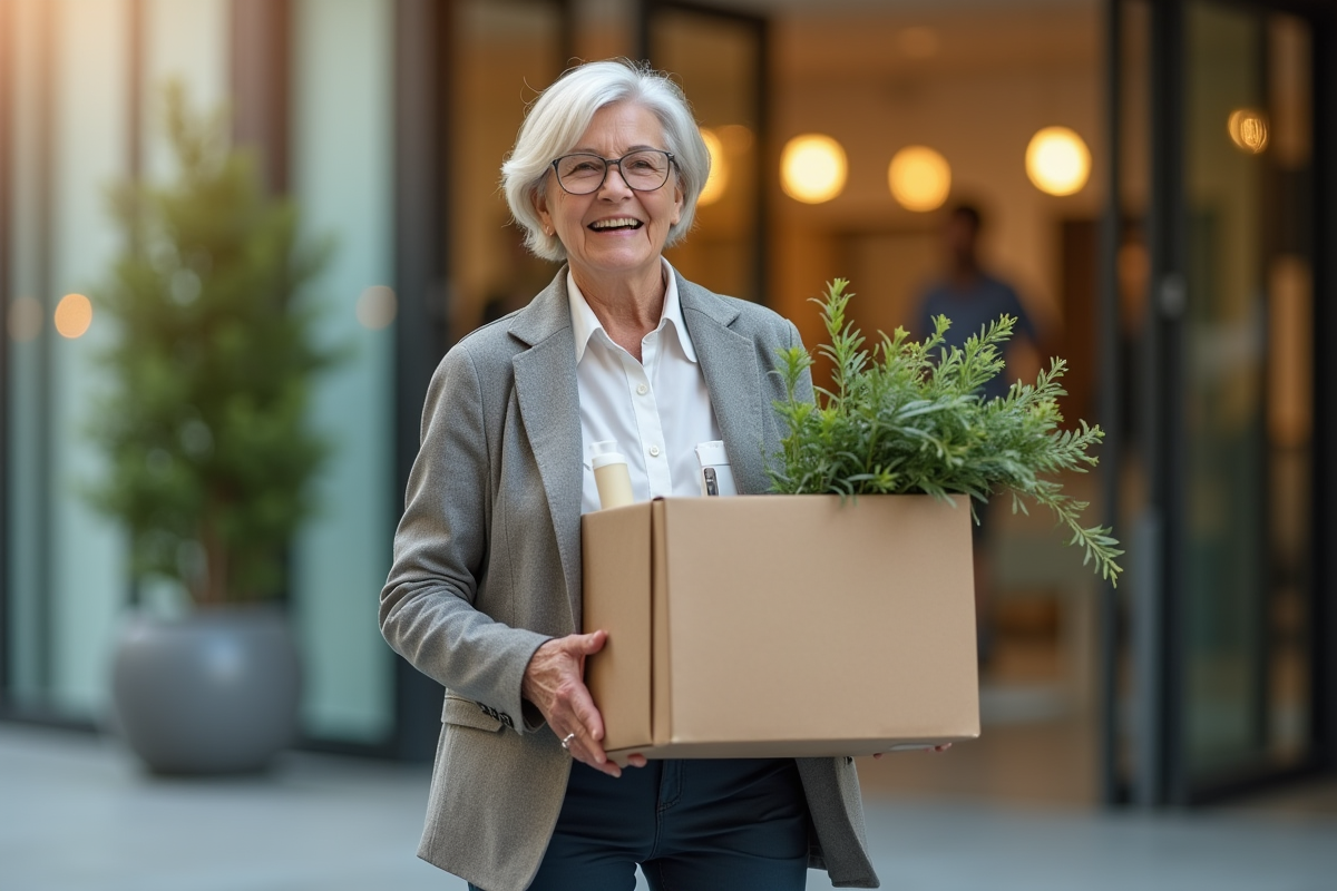Femme âgée souriante quittant le bureau avec une boîte