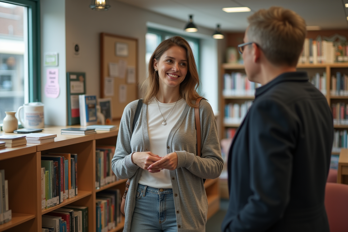 Jeune femme discutant avec bibliothecaire dans une bibliothèque