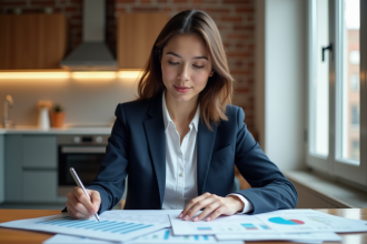 Femme professionnelle en costume dans un appartement lumineux