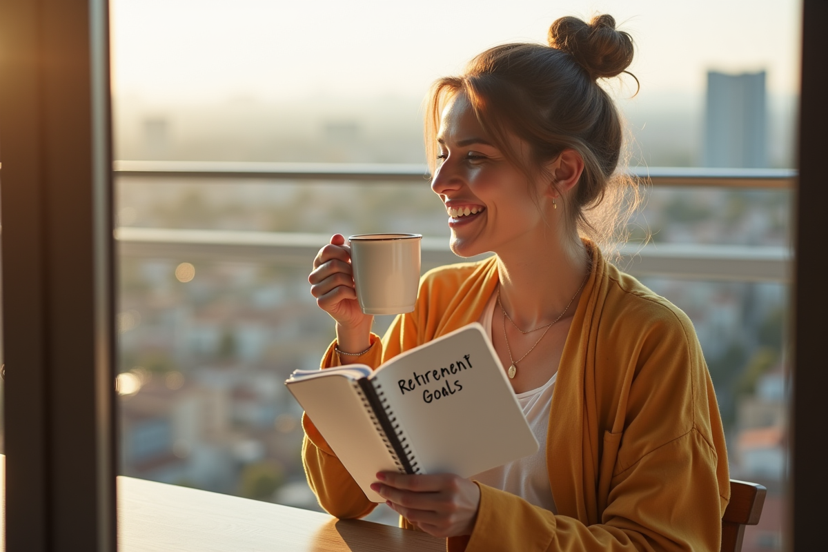 Femme freelance souriante prenant un café sur un balcon ensoleille
