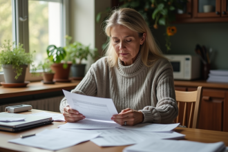 Femme d'âge moyen vérifiant des factures à la maison