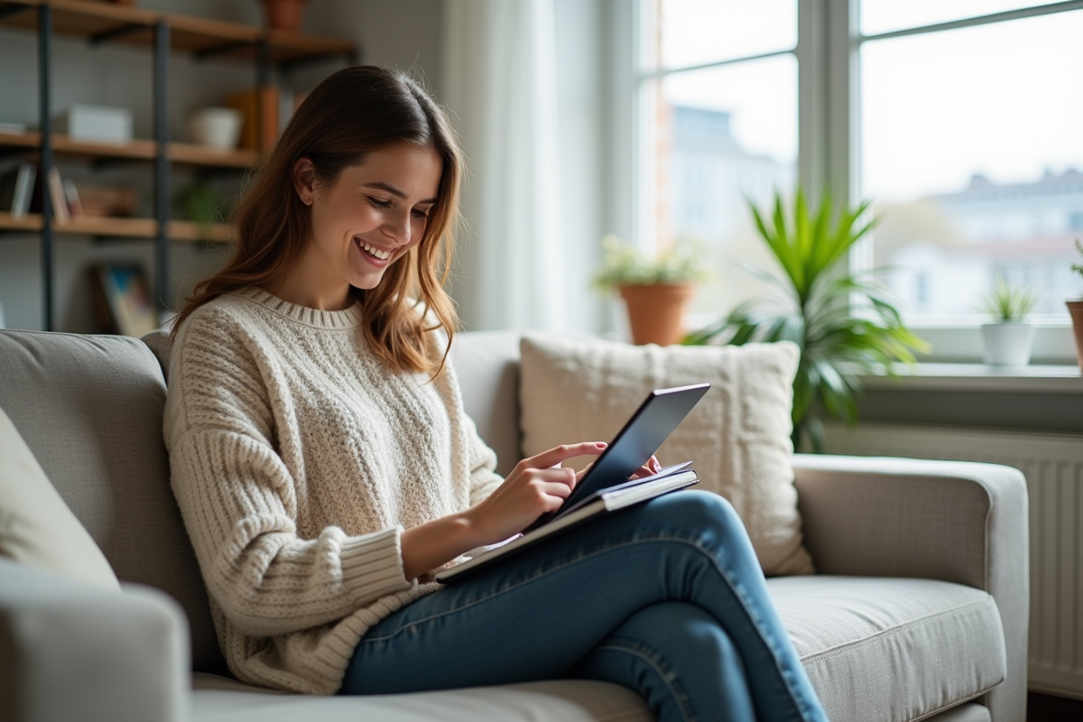 Femme souriante gérant ses finances à la maison