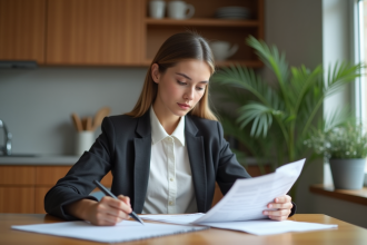 Jeune femme en blazer examine des papiers à la maison