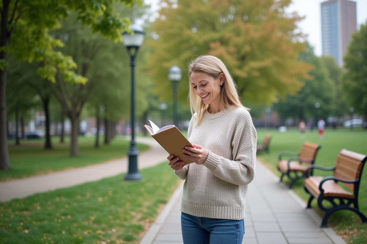 Femme lisant un guide dans un parc urbain verdoyant