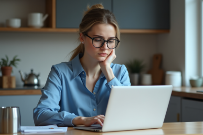 Jeune femme en blouse bleue regarde ses papiers