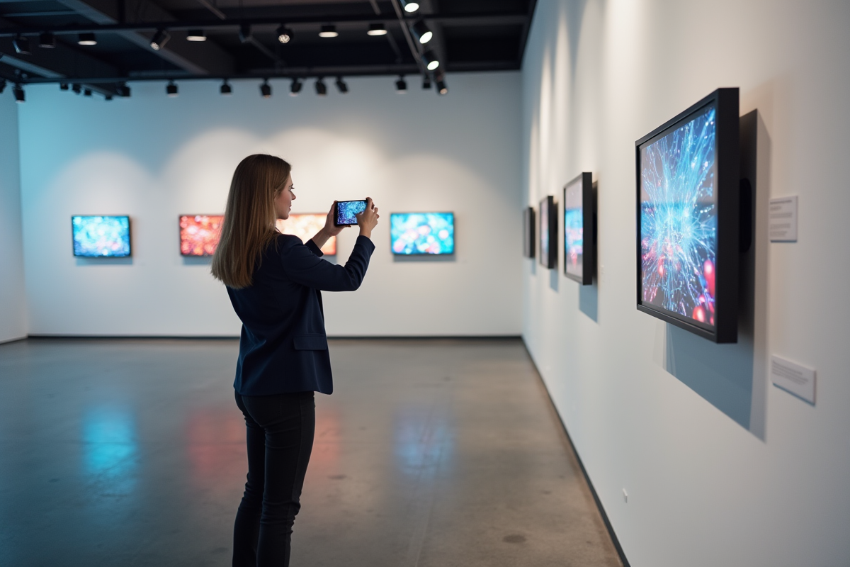 Femme photographiant une exposition d