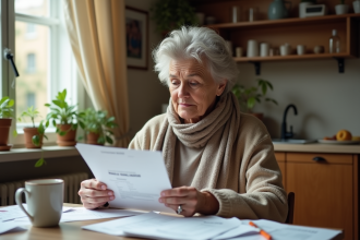 Femme française examine une note de remboursement à la cuisine