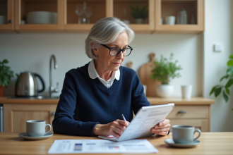 Femme française de 50 ans examinant une simulation de pension à la maison