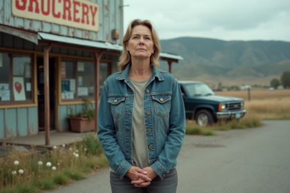 Femme d'âge moyen devant une épicerie rurale authentique