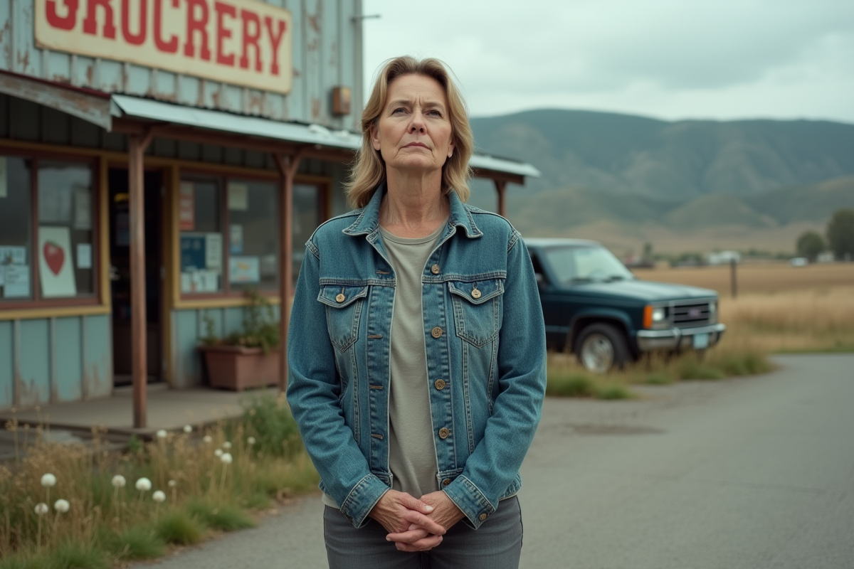 Femme d'âge moyen devant une épicerie rurale authentique