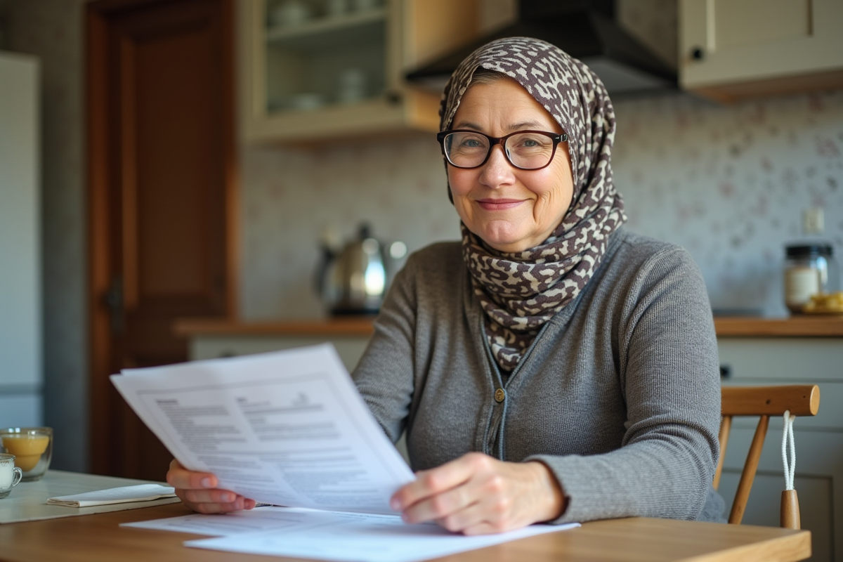 Femme russe âgée examinant ses papiers de retraite