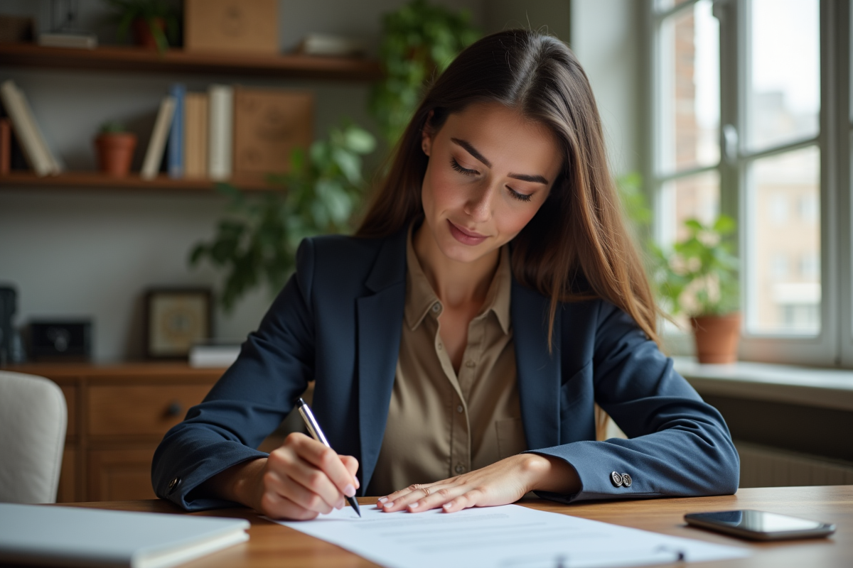 Jeune femme professionnelle signant un document à son bureau
