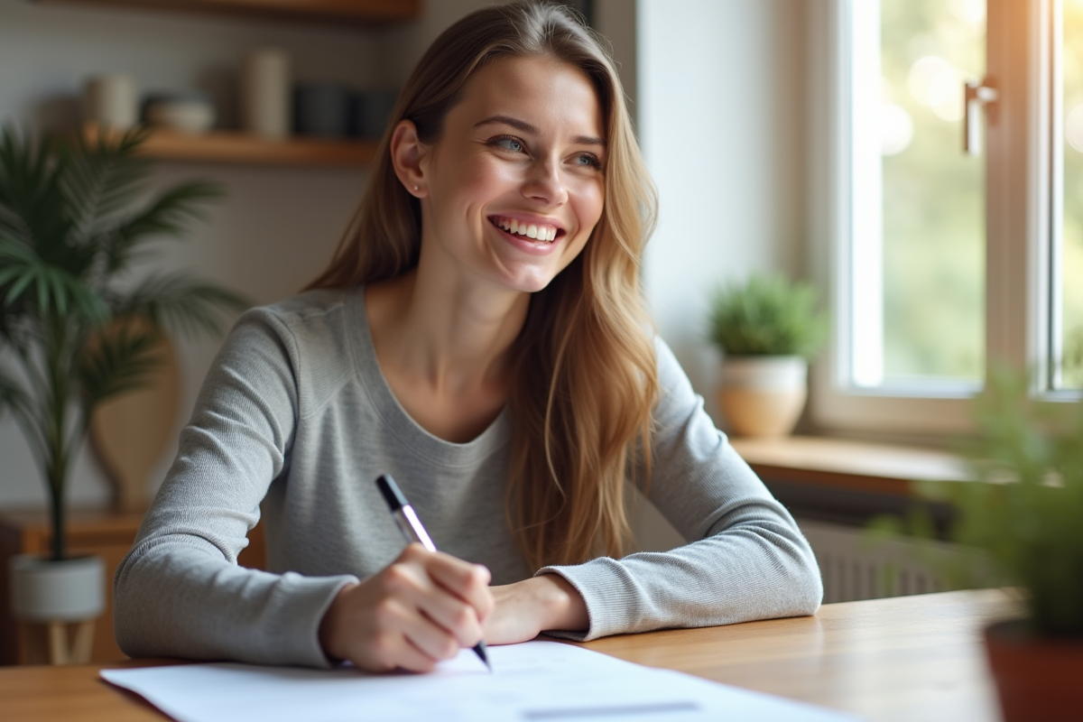 Jeune femme souriante signant un document de pret immobilier