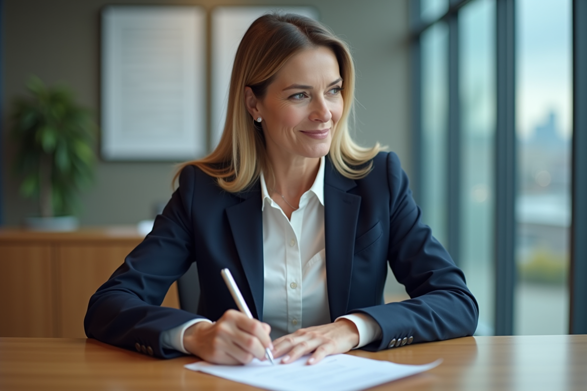 Femme d'âge moyen signant un document dans une banque