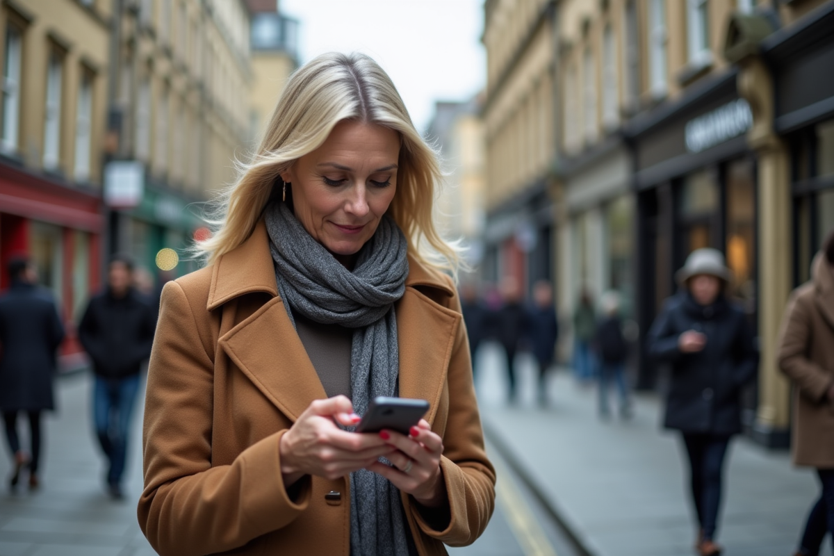 Femme dans la rue urbaine vérifiant pension sur son téléphone