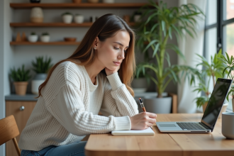 Femme concentrée travaillant sur son ordinateur dans une cuisine moderne