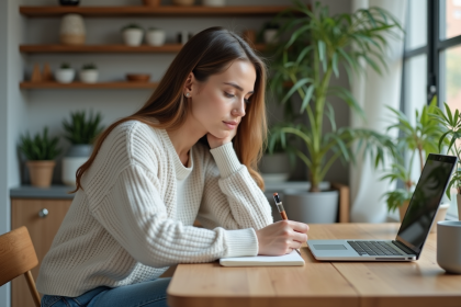 Femme concentrée travaillant sur son ordinateur dans une cuisine moderne