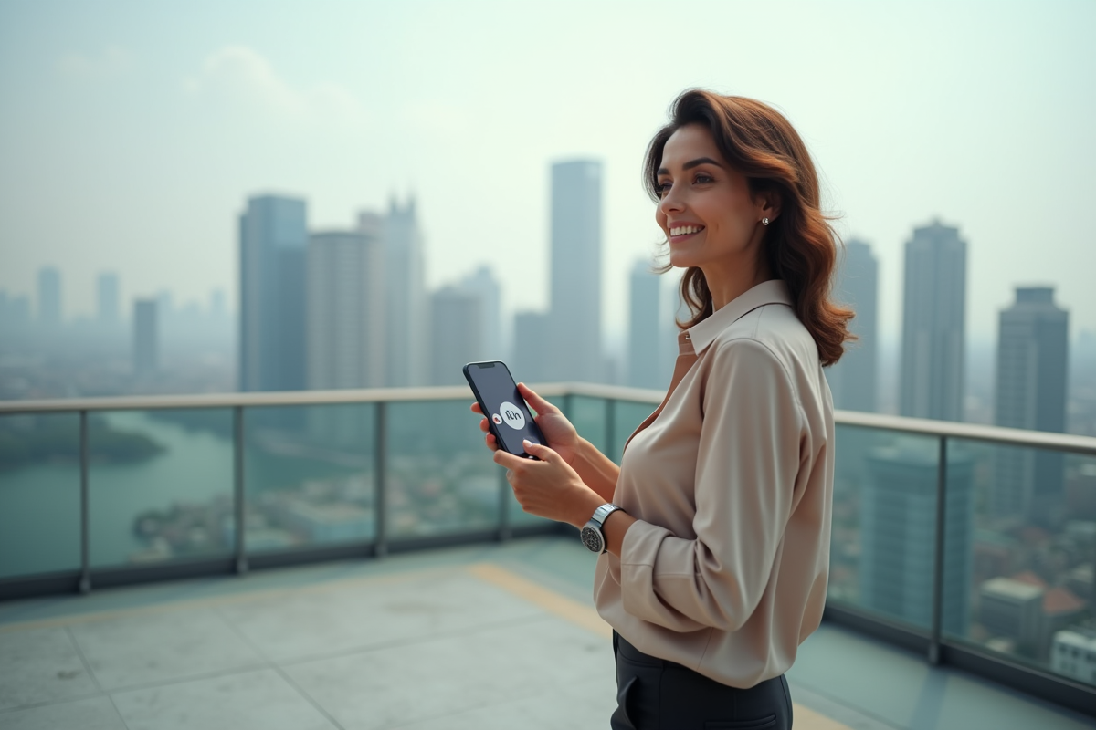 Femme confiante utilisant une application crypto en ville