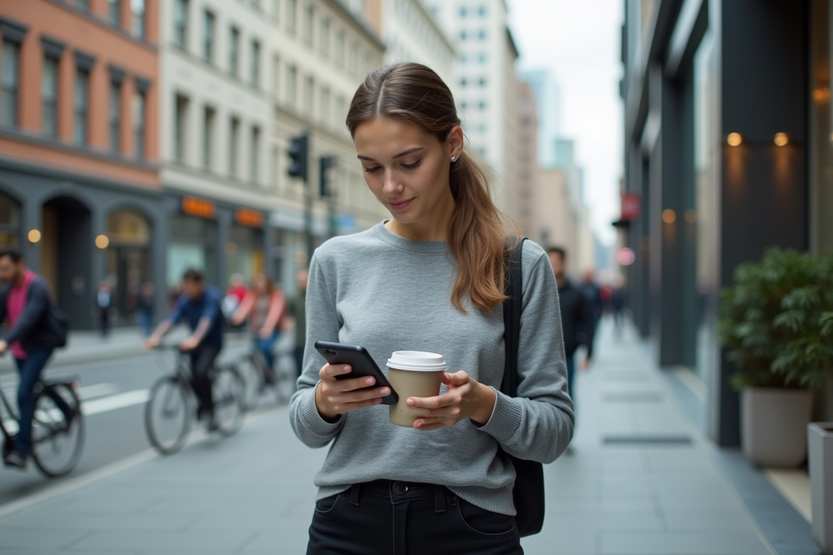Femme regardant des données boursières dehors en ville