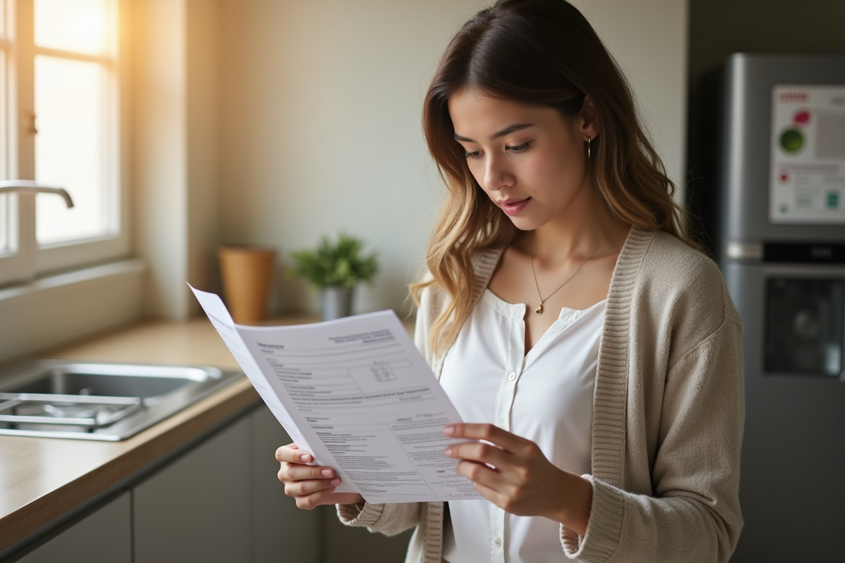 Jeune femme vérifiant une garantie d'appareil électroménager