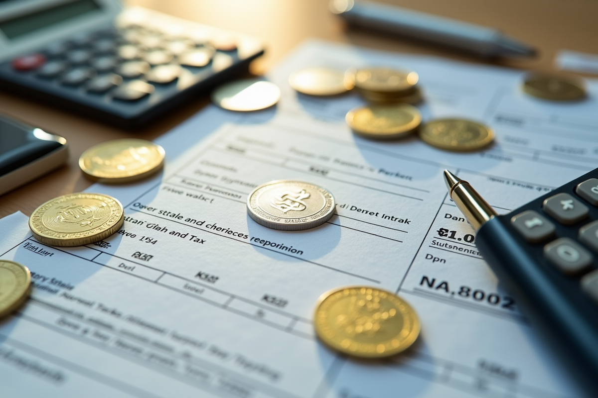 Fiche fiscale canadienne entourée de pièces de cryptomonnaies et calculatrice