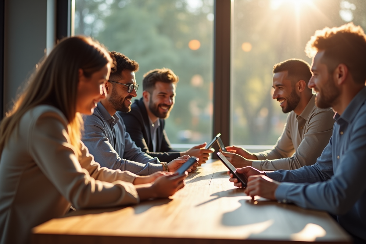 Groupe d'adultes comparant cartes prépayées et applications mobiles