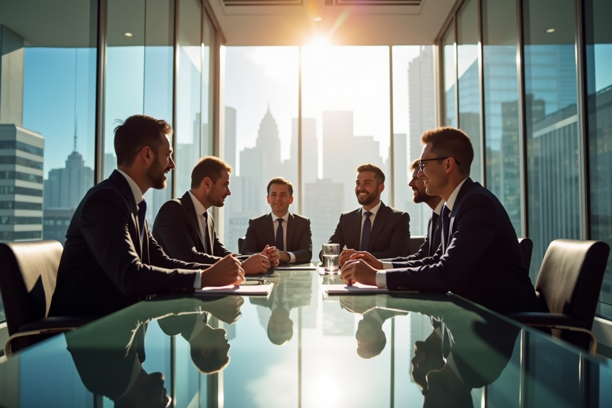 Groupe de professionnels en discussion dans un bureau moderne