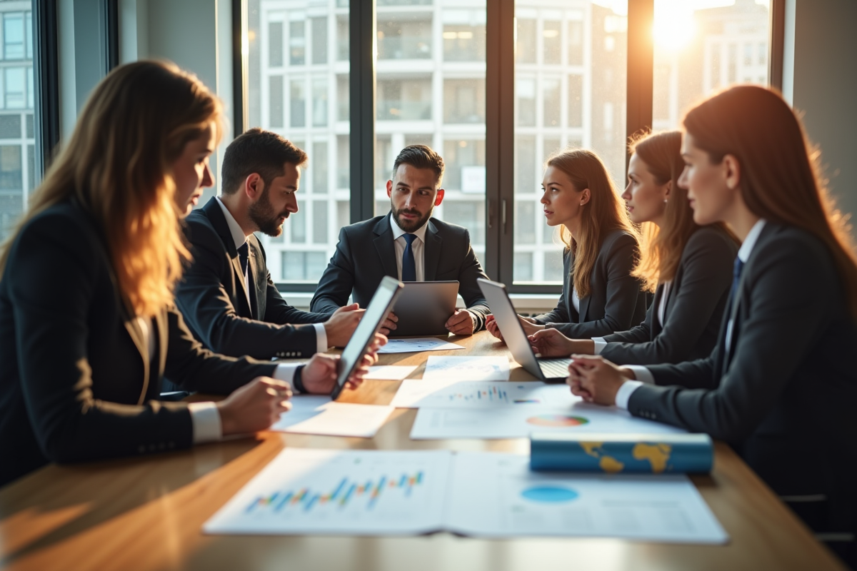 Groupe de personnes discutant de finances autour d'une table moderne