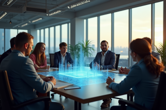 Groupe de personnes dans un bureau moderne autour d'une projection blockchain