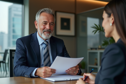 Homme d'affaires confiant présentant des documents financiers à une banquière
