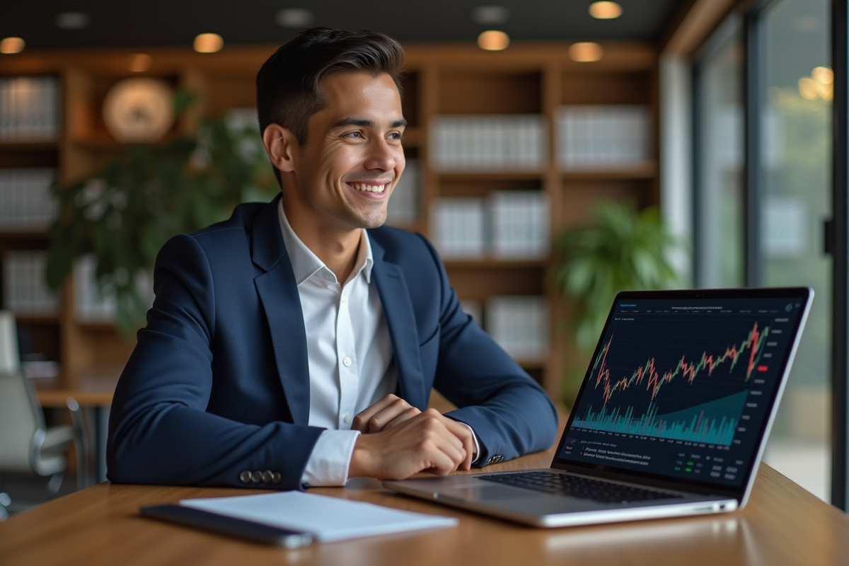 Jeune homme d'affaires regardant un graphique crypto