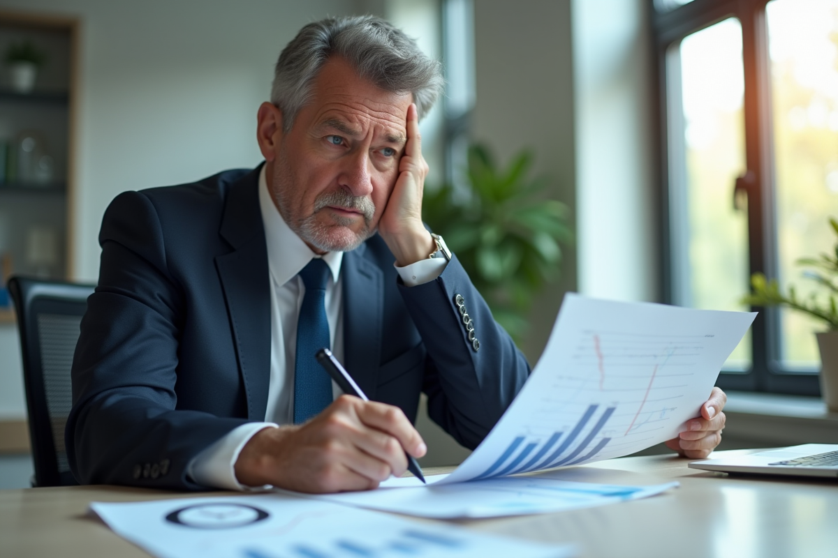 Homme d'affaires inquiet analysant des graphiques financiers