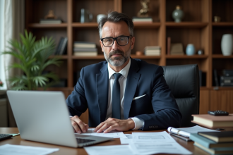 Homme d'affaires en costume dans un bureau immobilier