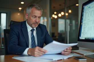 Homme d'affaires vérifiant des factures au bureau