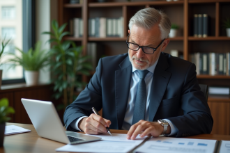 Homme d'affaires en costume examine documents financiers
