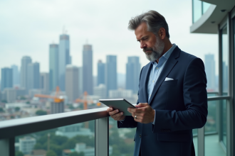 Homme d'affaires regardant des graphiques sur un balcon urbain