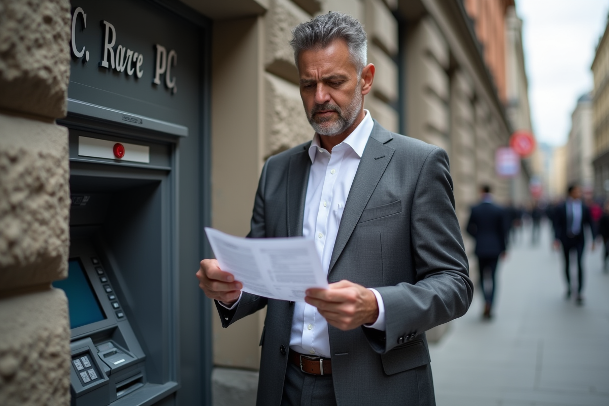 Homme d affaires examine un reçu à un distributeur