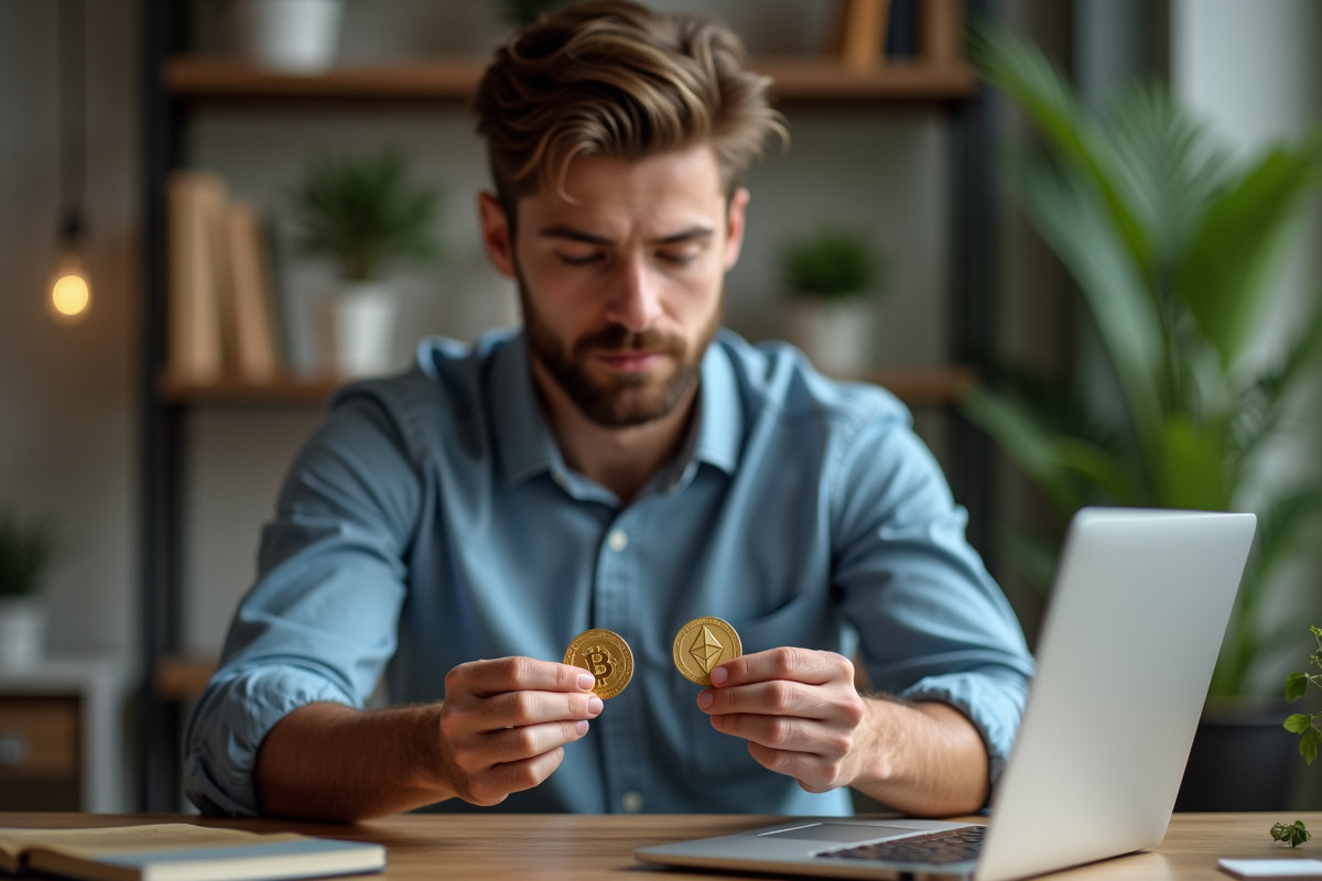 Jeune homme contemple des tokens Bitcoin et Ethereum