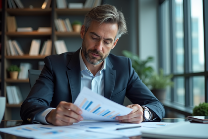 Homme d'âge moyen analysant des graphiques financiers dans un bureau moderne