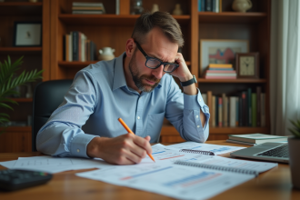 Homme d'âge moyen dans un bureau à domicile en train de revoir ses calculs financiers